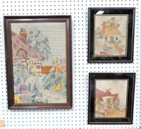 Lot of 3 needlework pictures of cottages