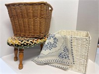 Mixed Lot:  Vintage Footstool  Wicker Cube