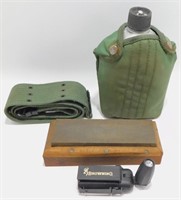 Old Aluminum Canteen with Cover, Belt, Knife
