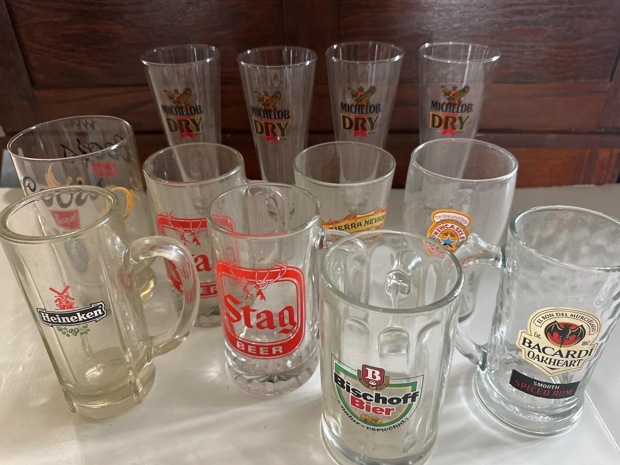 Michelob stag and other beer glasses