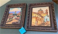 2 Water Color Mexican Scene w/ornate frames art