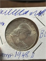 1948 D Ben Franklin Silver Half Dollar