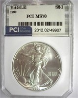 1990 Silver Eagle PCI MS-70 LISTS FOR $4150