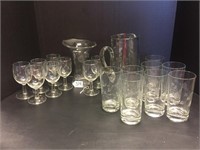 18 PIECE ETCHED GLASS PITCHER, GLASSES, WINE GLASS