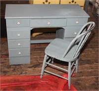 painted blue kneehole desk with porcelain pulls &