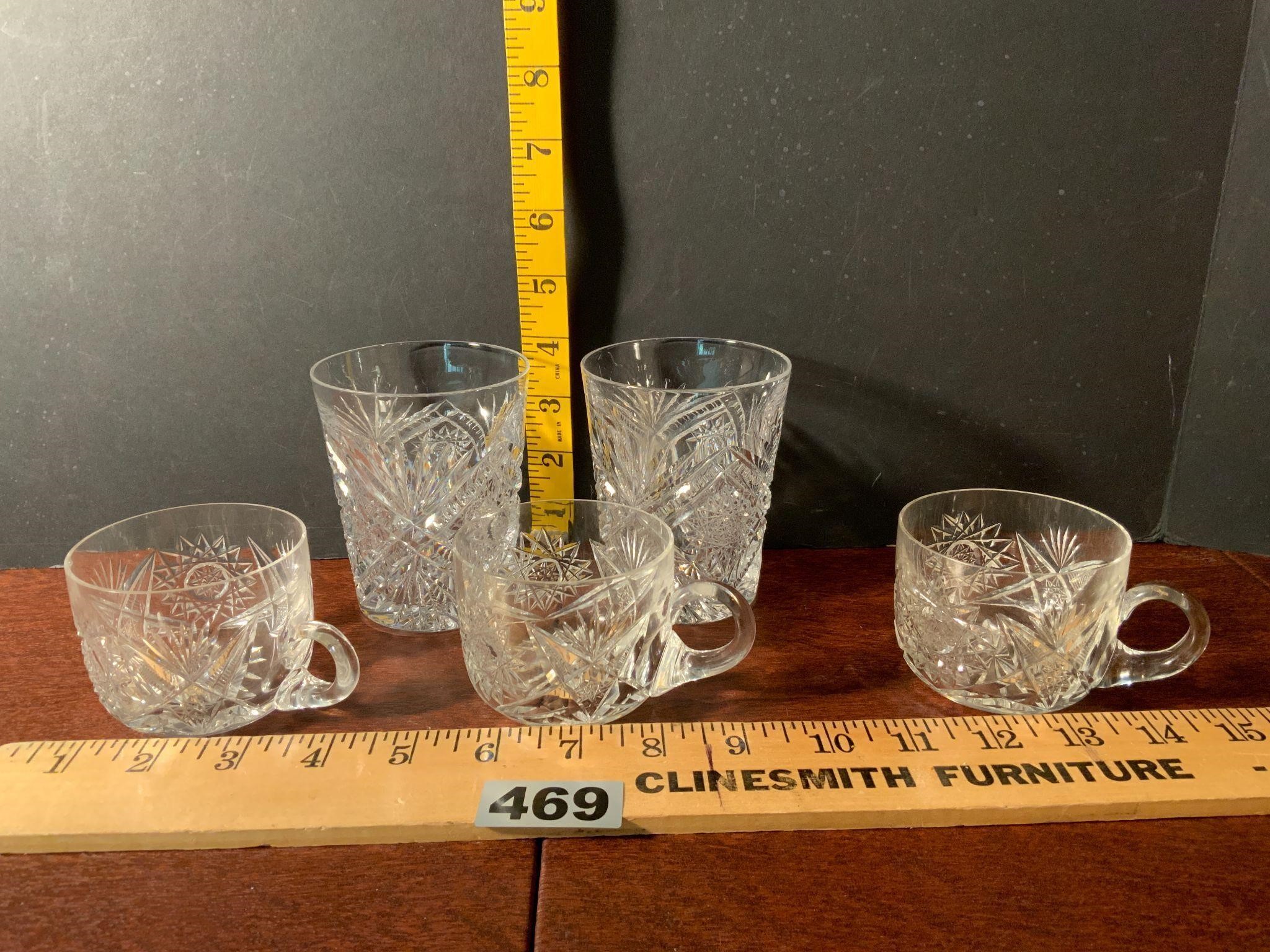 3 Vintage Cut Glass Punch Cups & Matching