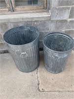 Two Vintage Metal Trash Cans, 27” & 23” Tall
