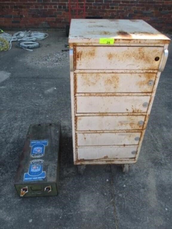 Metal cabinet w/locks and keys, small metal drawer