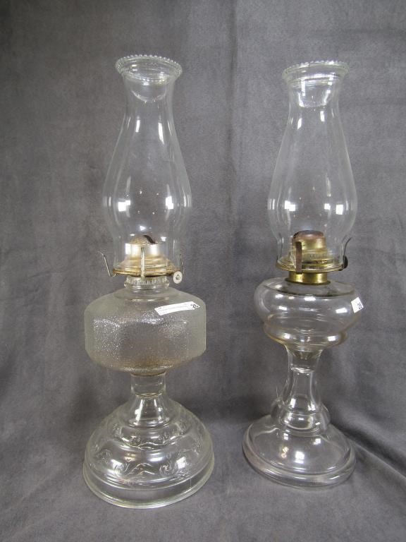 2 CLEAR GLASS PEDESTAL OIL LAMPS