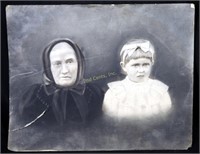 Antique Charcoal Large Lady & Child Art Picture