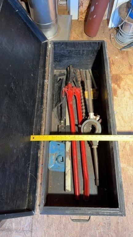 40in cast iron soil pipe cutter in wood box & more