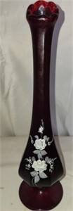 Ruby colored hand painted glass stretch vase