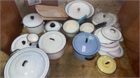 Assortment of Enamel ware pans, basin and baking