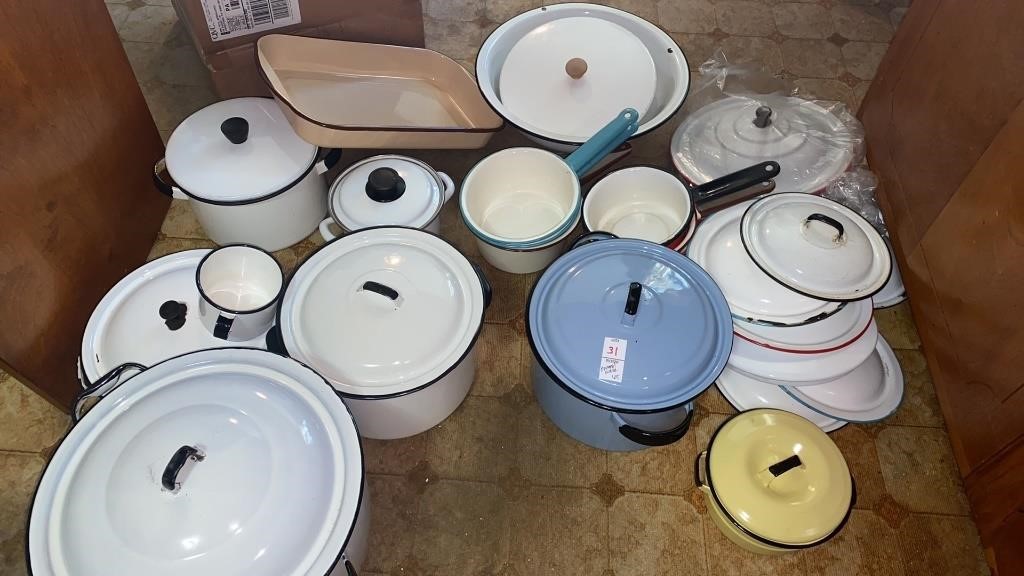 Assortment of Enamel ware pans, basin and baking