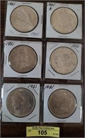 6 Morgan Silver Dollars 1921