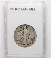 1916-D Obv MM Walking Liberty Half Dollar