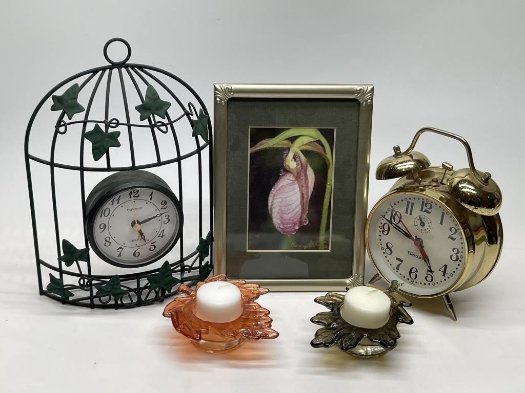Signed Orchid Photo, Two Clocks, and Two Glass