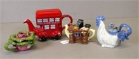 Four various miniature novelty teapots