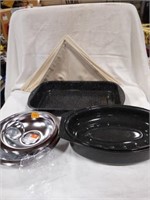 2 enamelware pans, stove drip- bowl re-placement