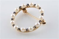14k Yellow Gold, Sapphire and Pearl Circle Brooch