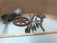 Vintage fire pokers, pan, pulley, nordicware cake