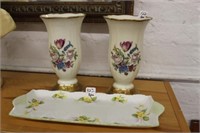 3pc Shelley Tray, (2) Rosenthal Vases