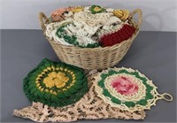 Basket of Crocheted Pot Holders, etc
