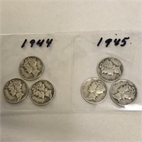 SILVER Mercury Dime LOT x 6 1944 & 1945