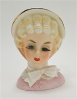 Lady head vase, pink dress/ribbon, Japan wreath