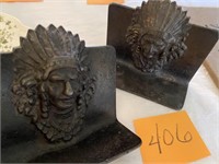 ANTIQUE NATIVE AMERICAN CHIEF CAST IRON BOOKENDS