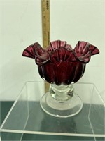 Handblown Cranberry Art Glass Ruffled Vase