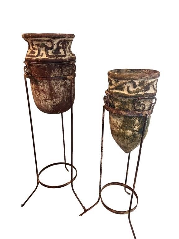 A (2)Pc Ceramic Pottery Vases On Stand 29.5"H