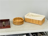 3 pc wood bowl, basket, desk tray
