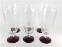 6 PIECE RUBY GLASS BOTTOM ETCHED GLASSES