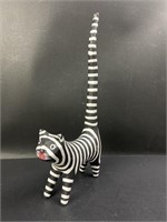 Signed Wood Folk Art Striped Long Tail Cat