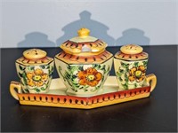 Vintage Salt & Pepper & Lidded Sugar w/ Tray Japan