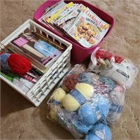 Tote & Crate of Magazines w/ Yarn