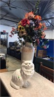 Large ceramic cat w vase and flowers
