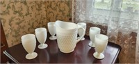 Hobnail Milkglass Pither and 6 Goblet Glasses