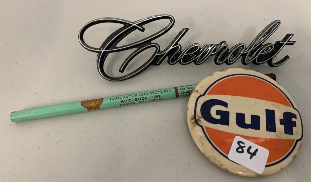 Gulf Pinback Button,Chevrolet Emblem,Shell Pencil
