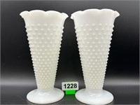 Pair of Vintage Hobnail 9" Milk Glass Vases