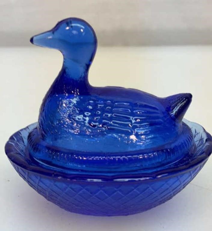 Cobalt blue duck on nest. Mini.