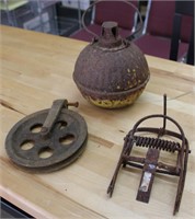 Antique Pully & Mole Trap  & Oil Lamp
