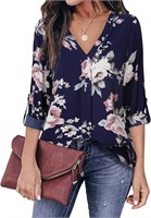 4XL 3/4 Cuffed Sleeve Chiffon Printed V Neck