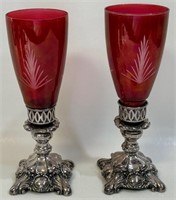 ORNATE CAST CANDLEHOLDERS W CRANBERRY SHADES