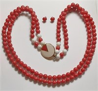 RED & WHITE BEAD NECKLACE & EARRINGS SET