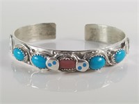 STERLING SILVER TURQUOISE RED CORAL CUFF BRACELET