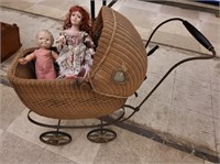 Baby Buggy w Wooden Spoke Wheels & 2 Dolls
