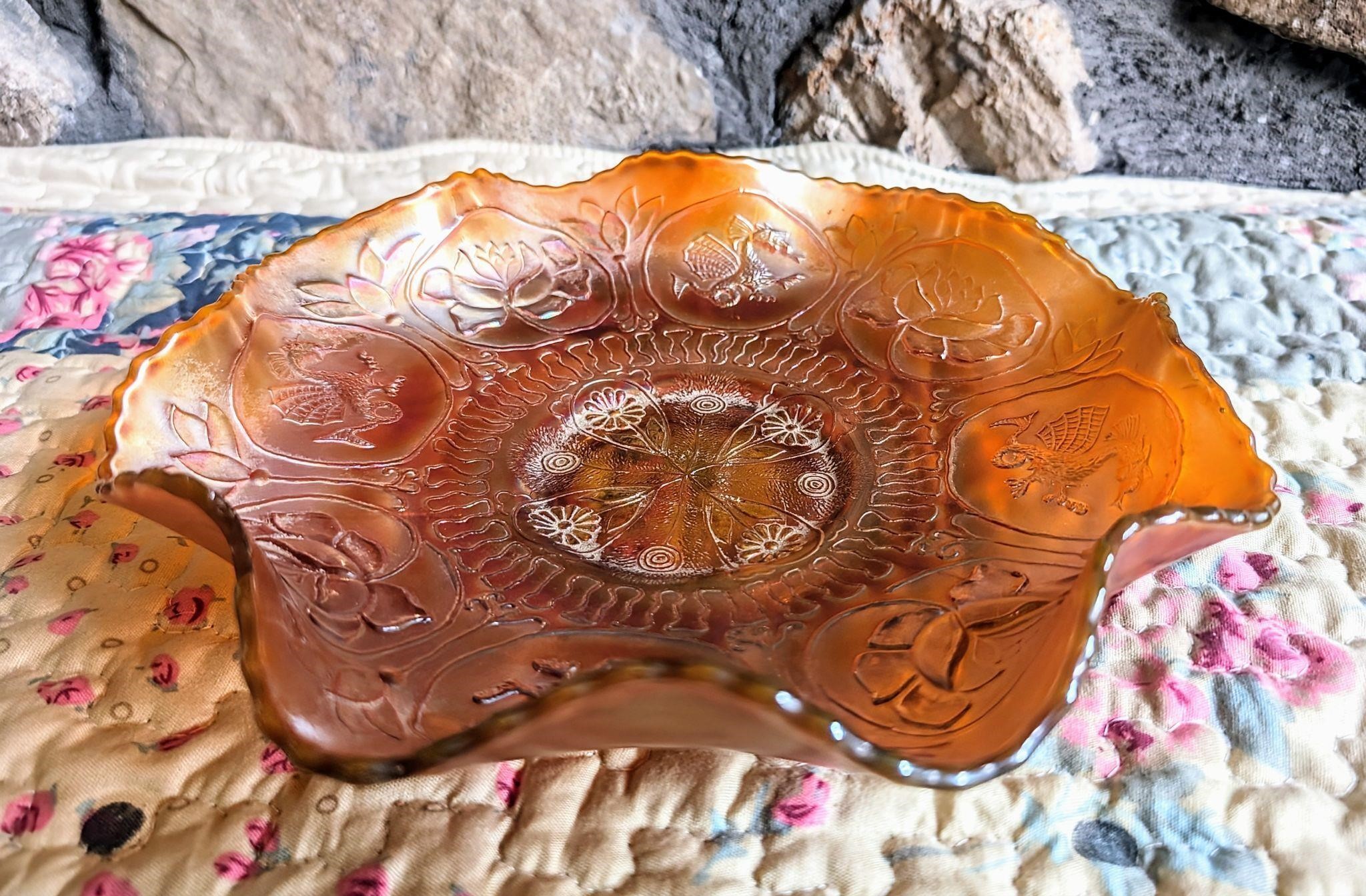 Vintage Dragon & Lotus Flower Carnival Glass Bowl