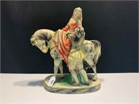 CHALKWARE LADY ON A HORSE STATUE 38CM HIGH